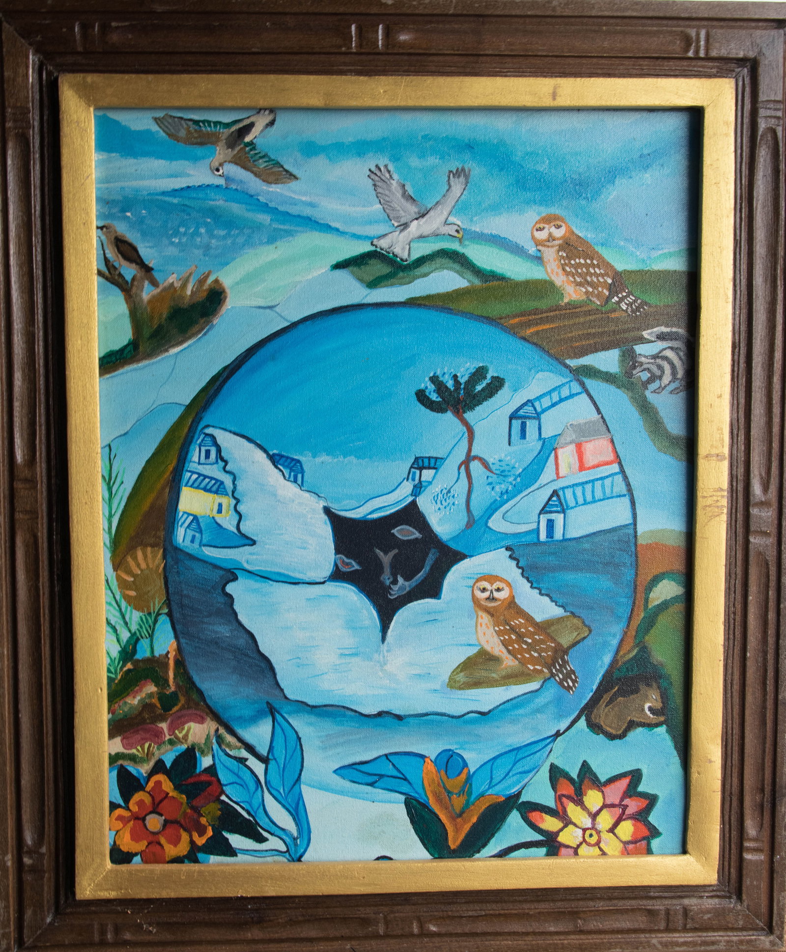 Owls Original Haitian Painting by Unknown Artist: Owls Original Haitian Painting by Unknown Artist Oil on Canvas Framed