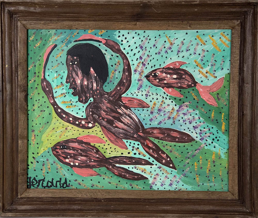 Male Fish Figure Swimming with Fish Original Haitian Painting by Gerard Fortune (1 of 1)