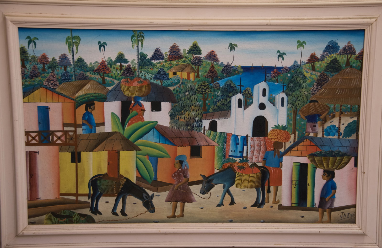 People and Mules at Market Original Haitian Painting by Jean Dubic: People and Mules at Market Original Haitian Painting by Jean Dubic Acrylic on Canvas FRAMED