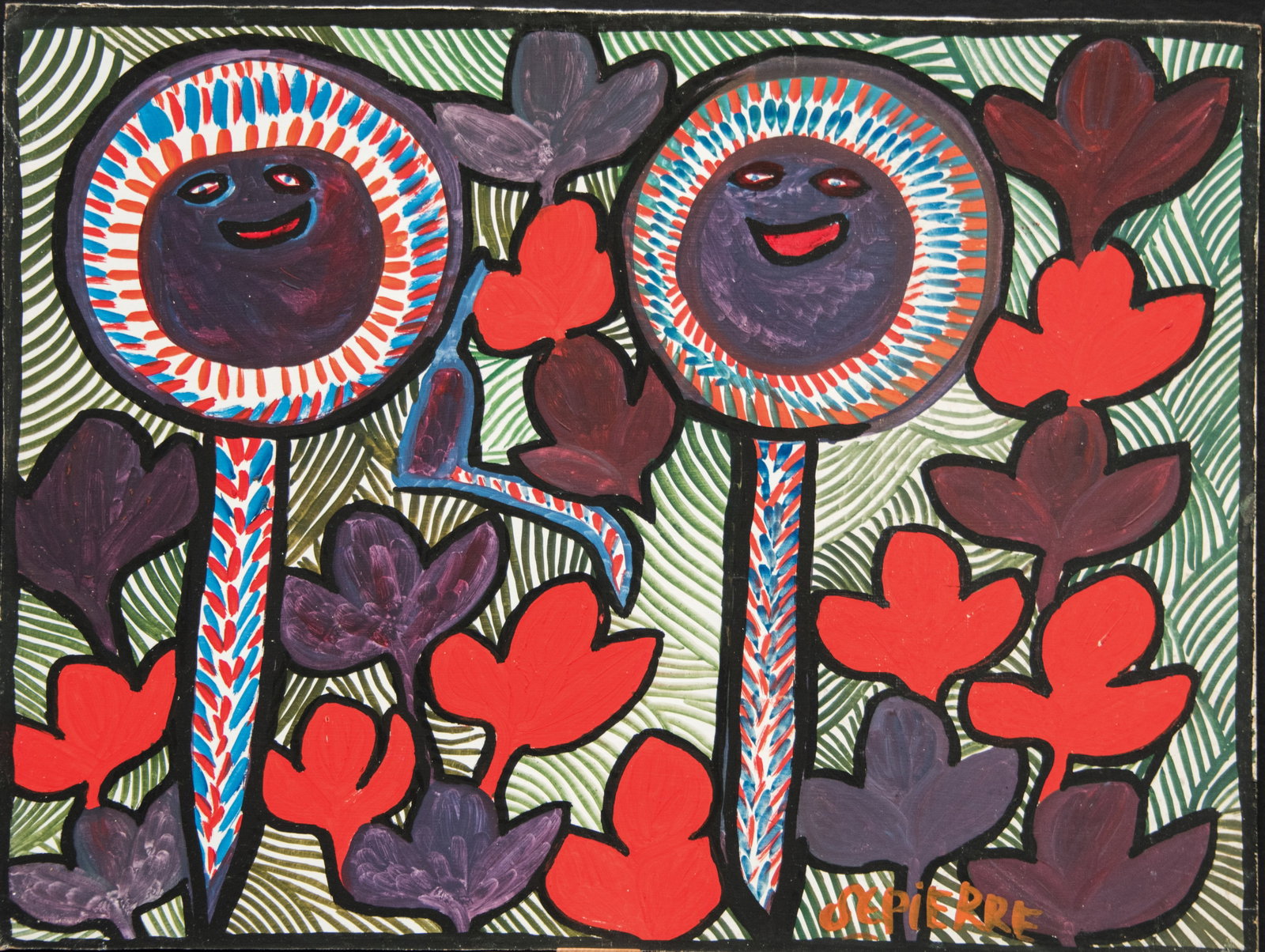 Two Dark Faces in Circles on Sticks - Haitian Painting by St. Pierre Toussaint: Two Dark Faces in Circles on Sticks - Haitian Painting by St. Pierre Toussaint Framed, Oil on Masonite GMS FAVORITE