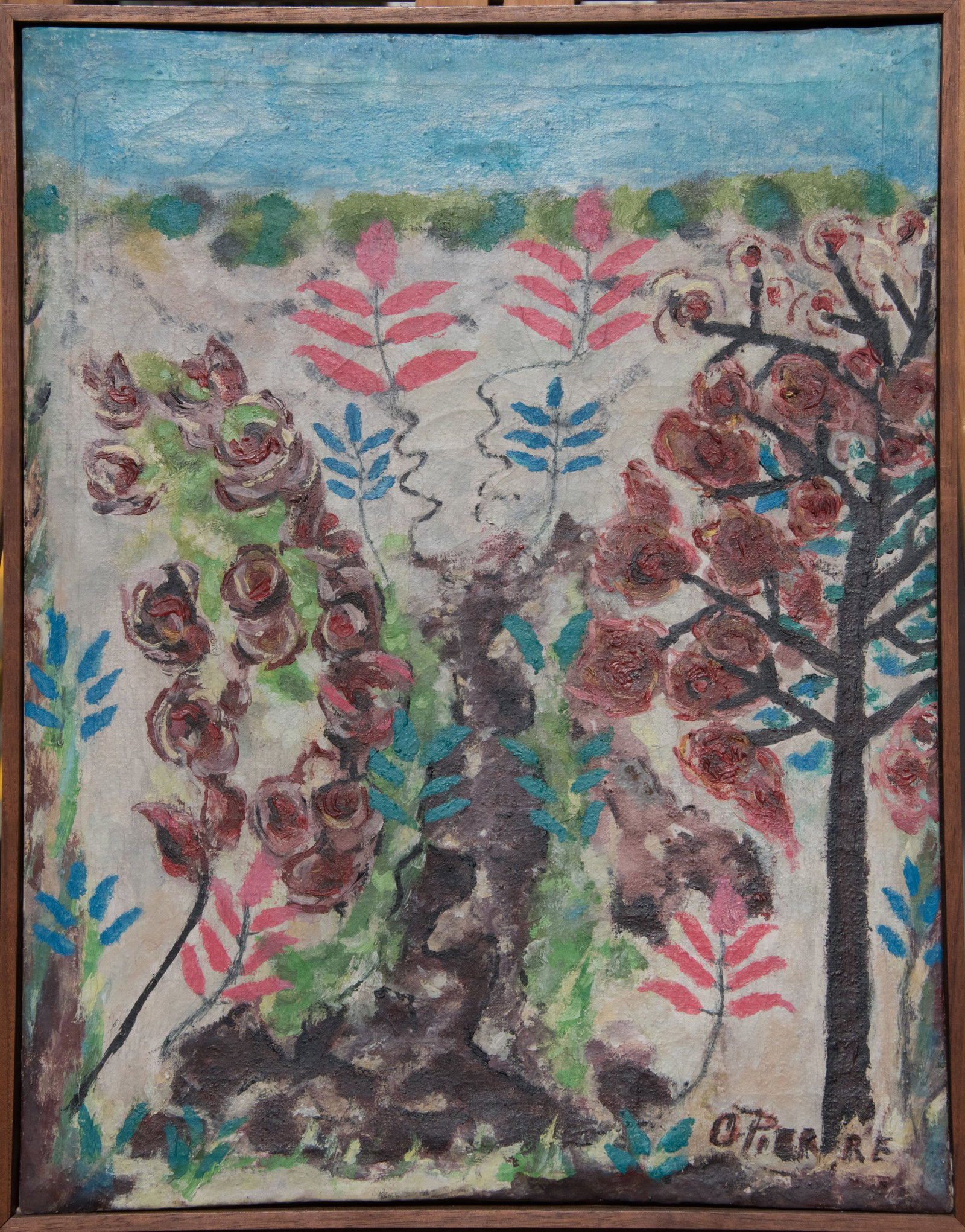 Flowers in Landscape - Haitian Painting by Odilon Pierre: Flowers in Landscape - Haitian Painting by Odilon Pierre Framed, Oil on Canvas FRAMED GMS FAVORITE
