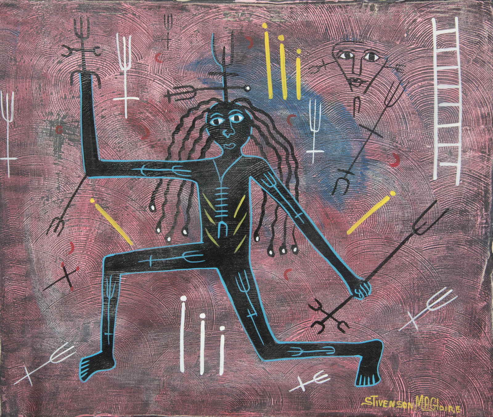 Figural scene with trident formed symbols Original Haitian Painting by Stivenson Magloire (1 of 1)