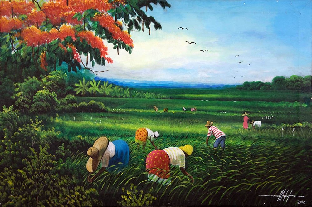 Villagers Working Near the Red Tree. Original Haitian Painting by Michel Simeon (1 of 1)