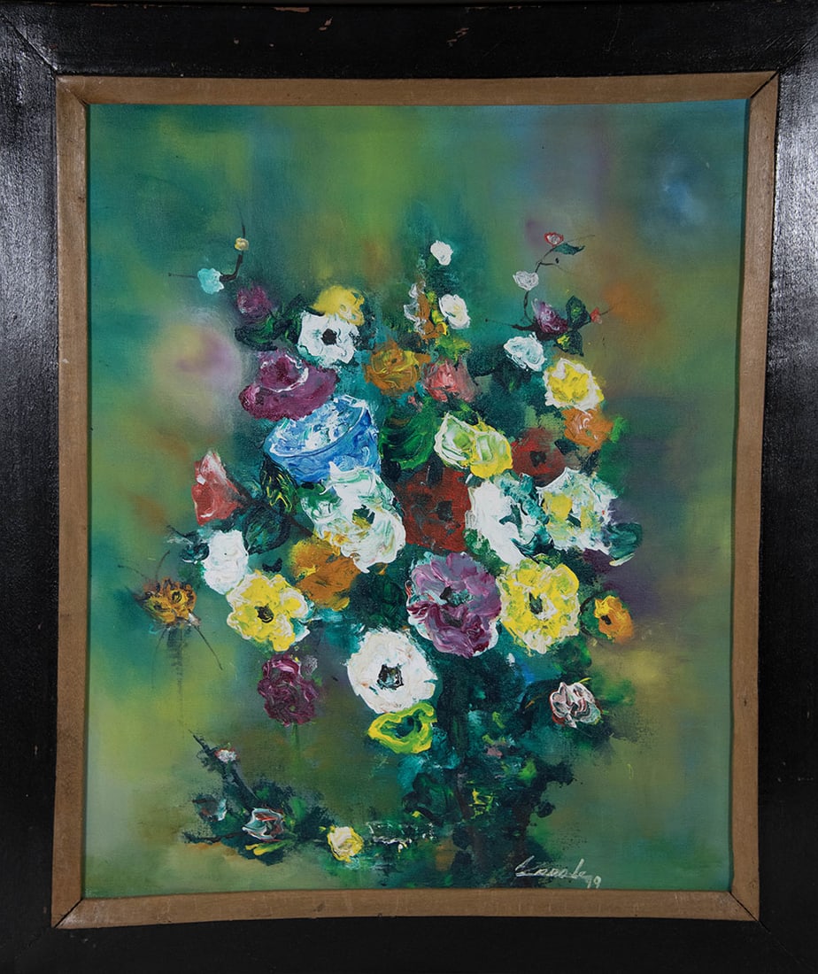Dark Vase of Flowers Original Haitian Painting by Karole Andre: Dark Vase of Flowers Original Haitian Painting by Karole Andre Oil on Canvas