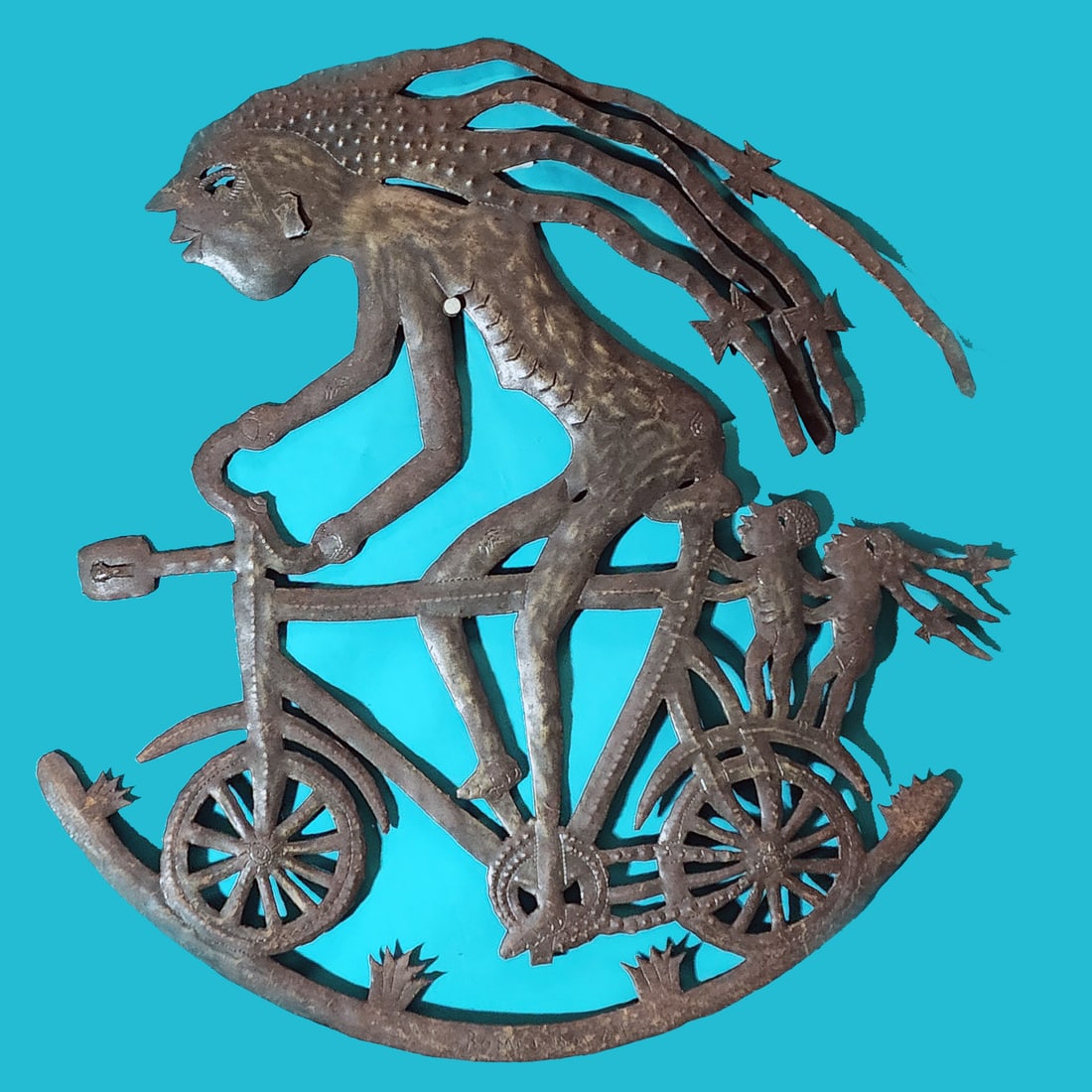 Mom Riding Bike with Kids - Haitian Metal Sculpture by Romel Balan: Mom Riding Bike with Kids - Haitian Metal Sculpture by Romel Balan Hand Carved Metal Sculpture