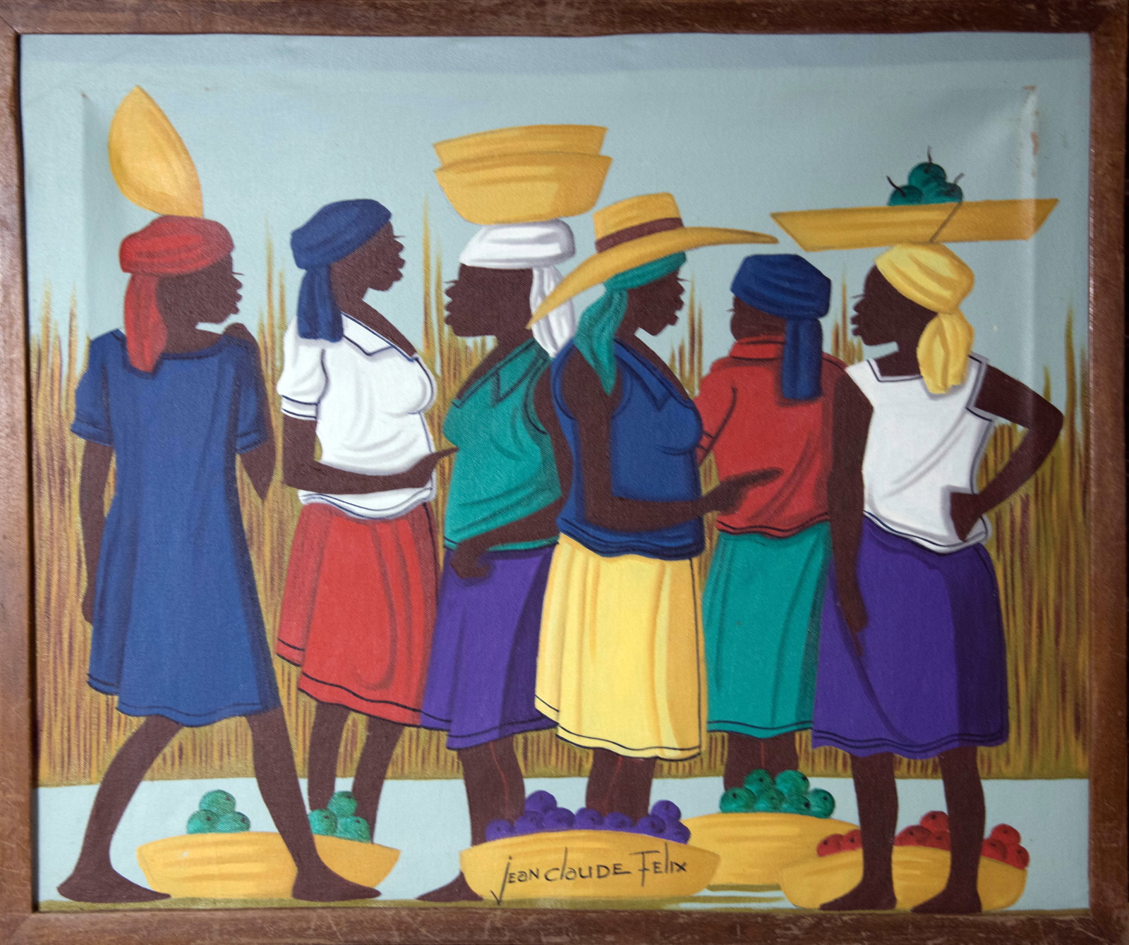 Original Haitian Painting by Jean Claude Felix Women and Their Baskets of Fruit: Original Haitian Painting by Jean Claude Felix Women and Their Baskets of Fruit FRAMED