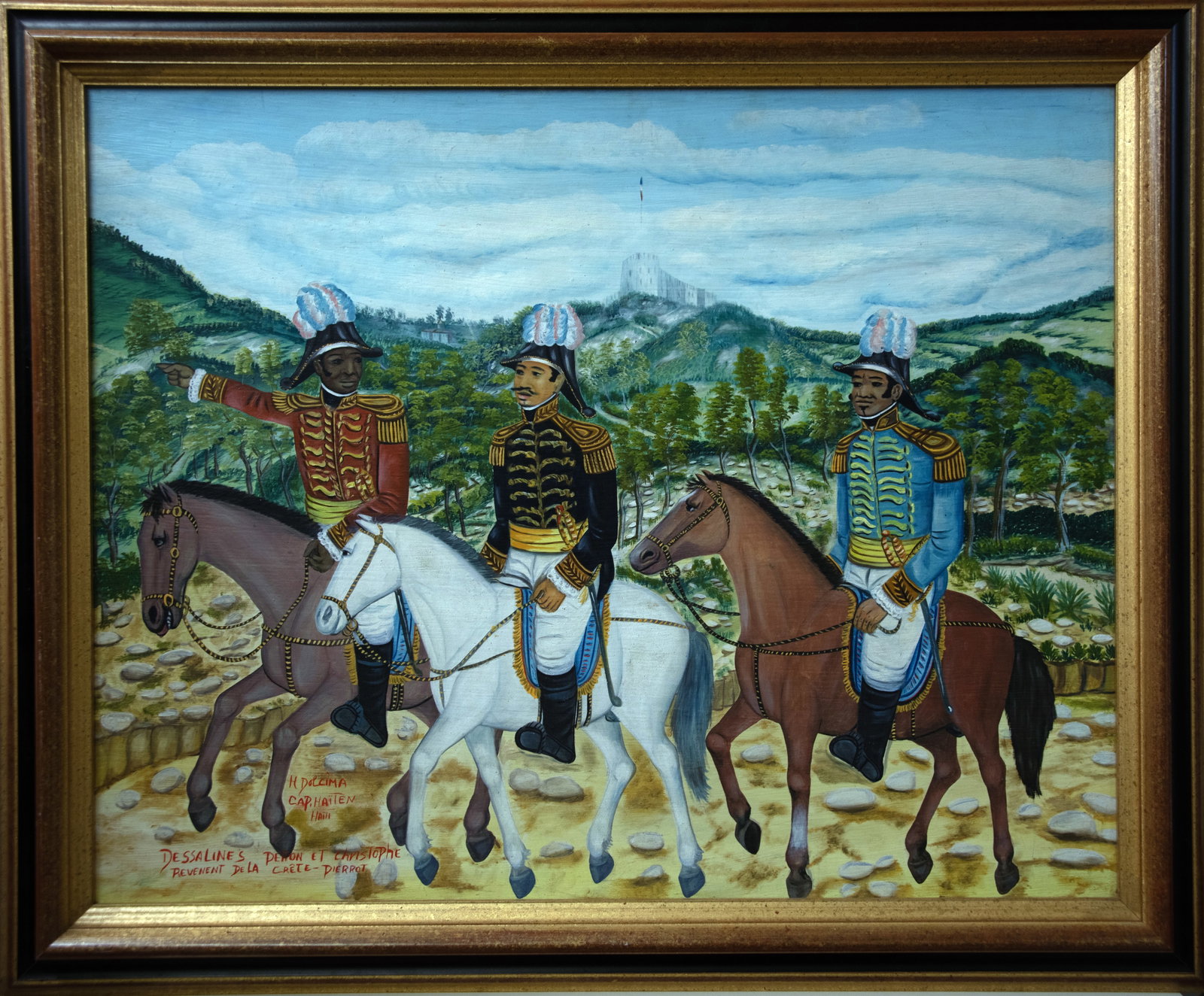 Original Haitian Painting by Henri Dolcima: Original Haitian Painting by Henri Dolcima Dessalines, Petion and Christophe Oil on Isorel Framed