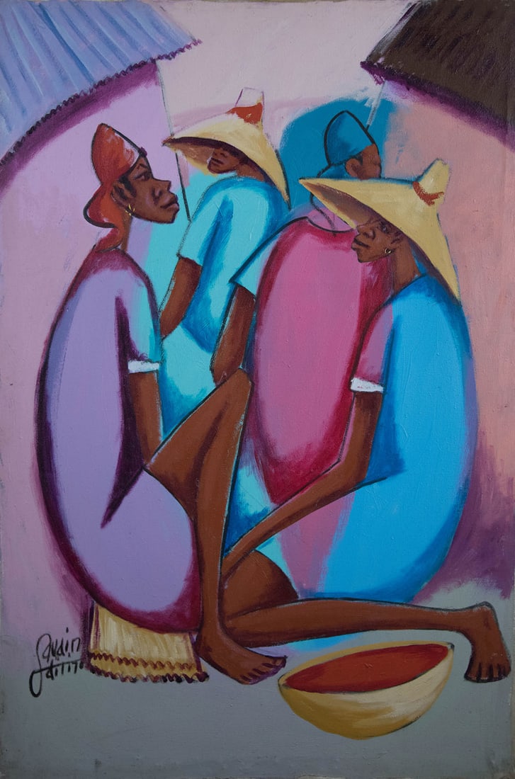 Ladies in Blue Wearing Hats Original Haitian Painting by Petion Savain (1 of 1)