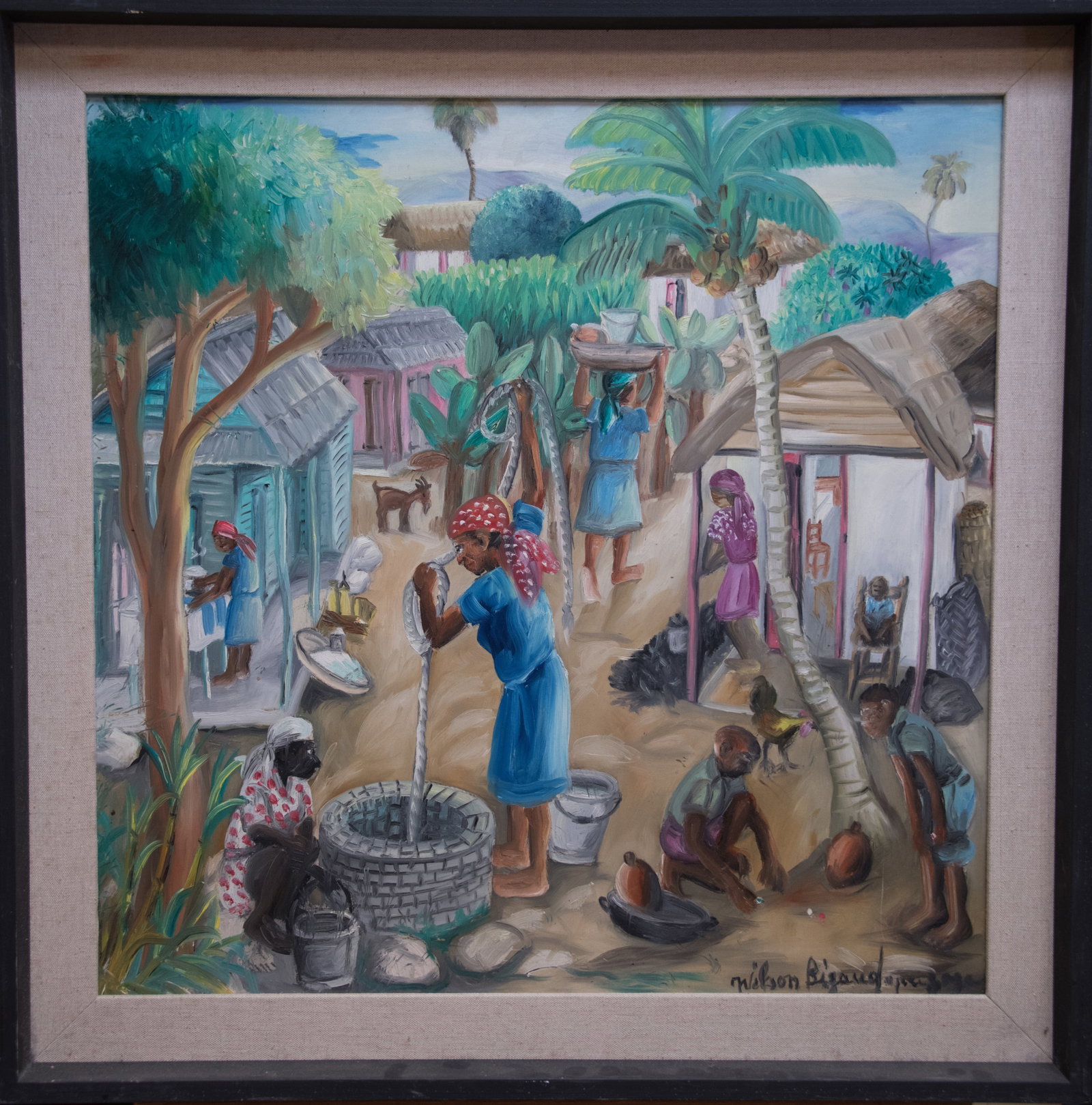 Village Scene (WB)(RG) Original Haitian Painting by Wilson Bigaud: Village Scene (WB)(RG) Original Haitian Painting by Wilson Bigaud Oil on Hardboard