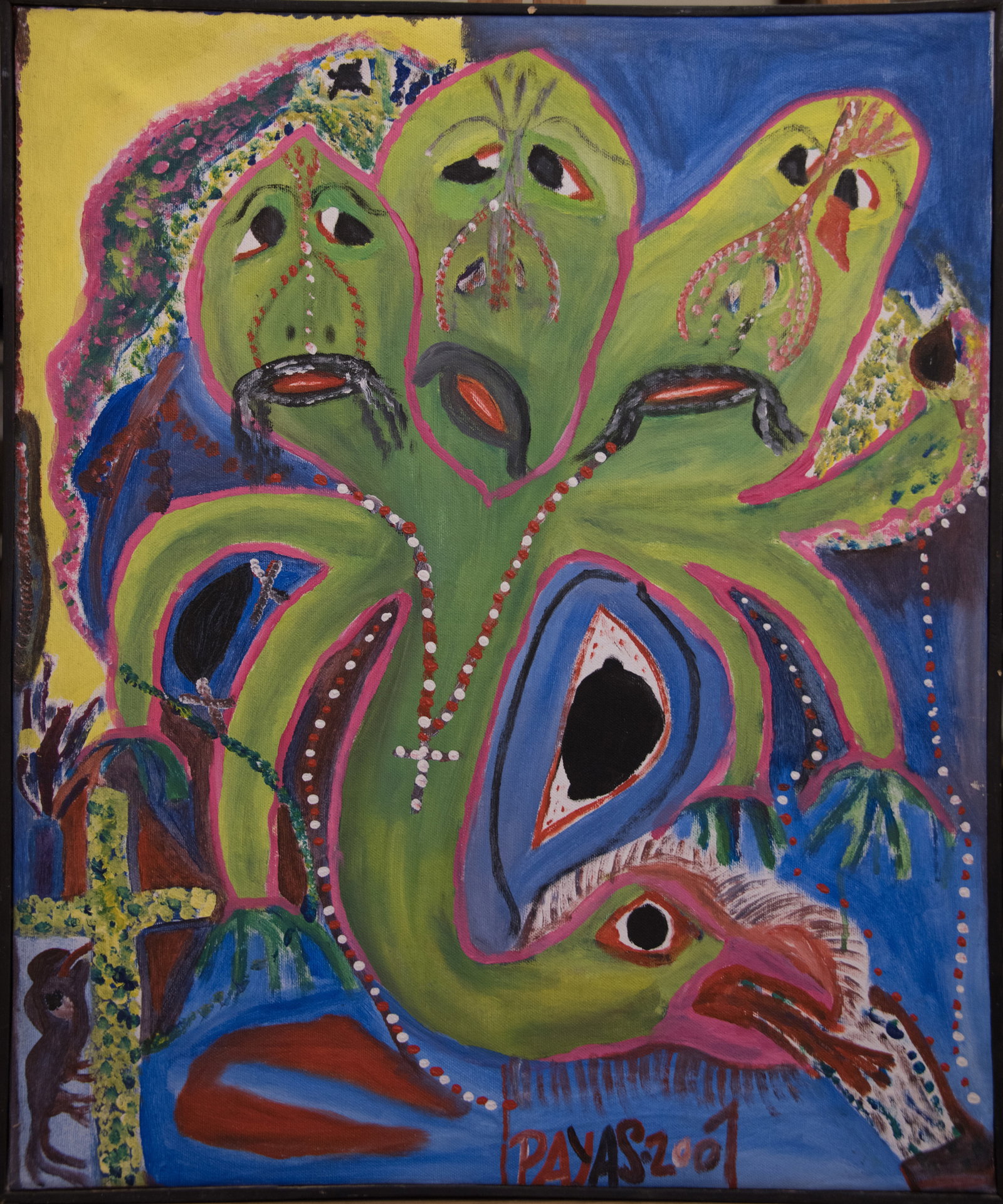 Green Bird and Figures Original Haitian Painting by Payas: Green Bird and Figures Original Haitian Painting by Payas Oil on Canvas FRAMED