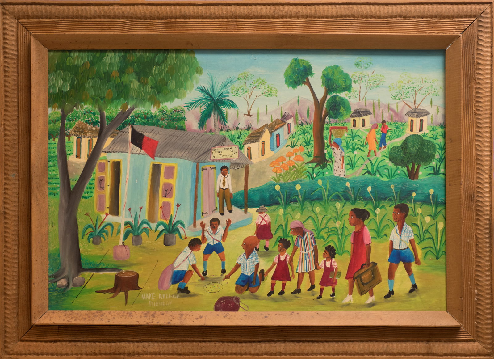 Original Haitian Painting by Mave Arthur Mentor: Original Haitian Painting by Mave Arthur Mentor Kids in School Yard Oil on Masonite Framed
