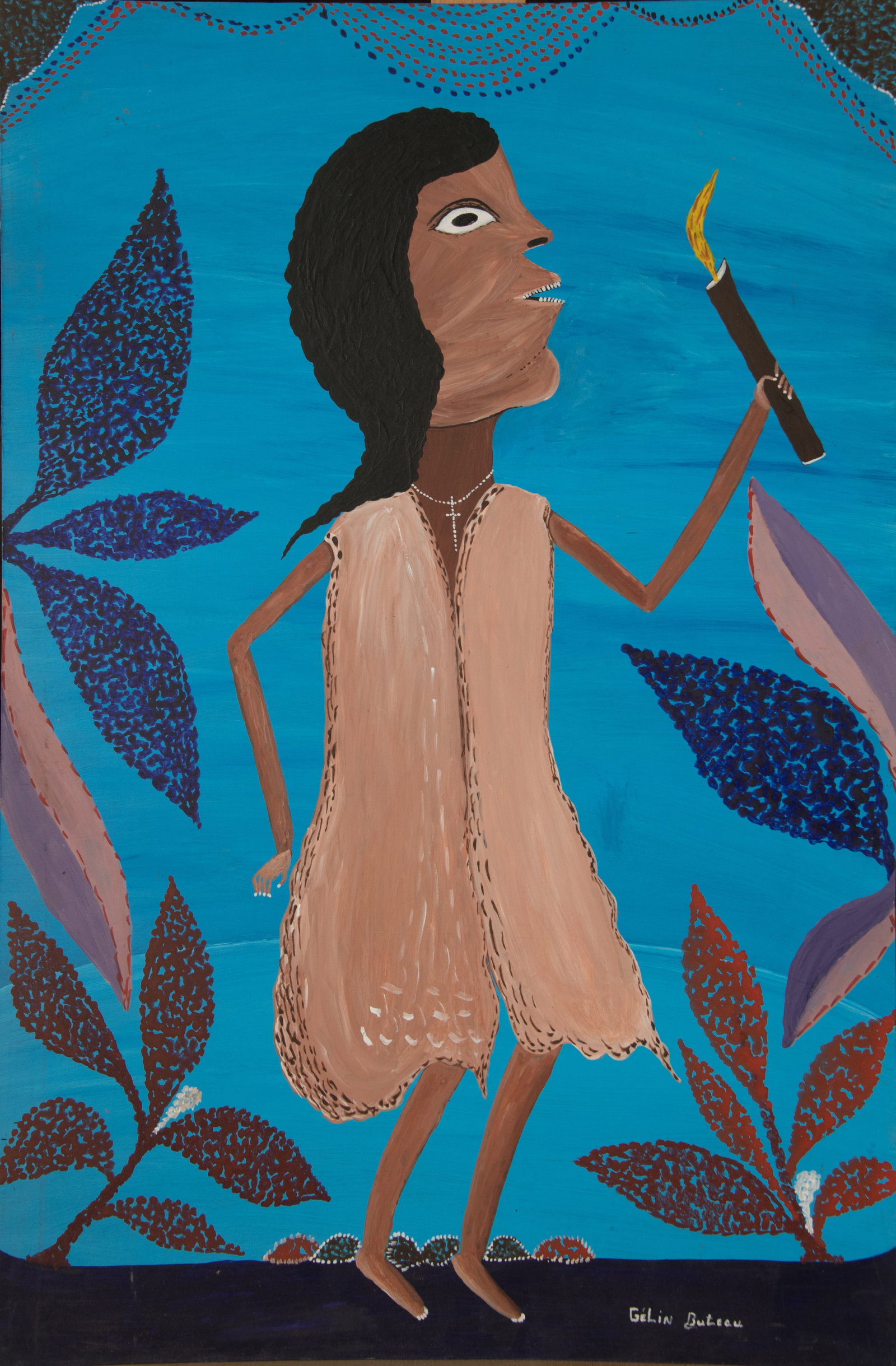 Girl with Candle Original Haitian Painting by Gelin Buteau: Girl with Candle Original Haitian Painting by Gelin Buteau Oil on Masonite No Frame