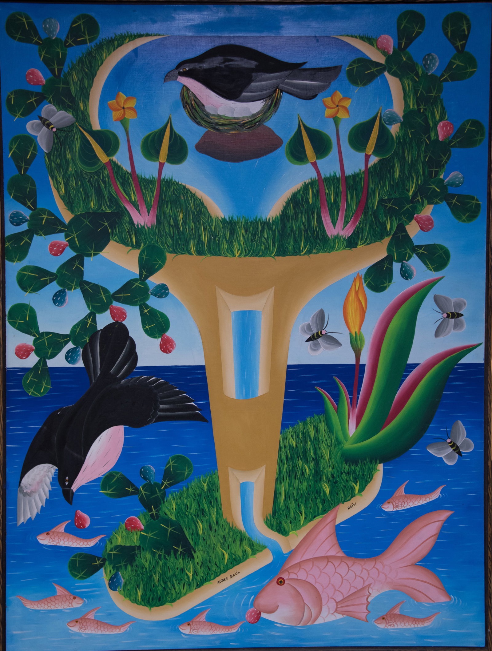 Original Haitian Painting by Audes Saul Birds Fish Plants: Original Haitian Painting by Audes Saul Birds Fish Plants Oil on Masonite FRAMED