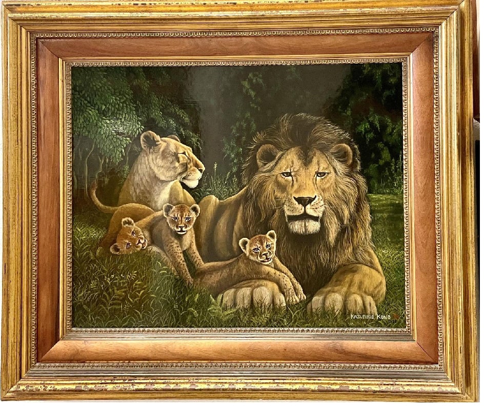 Kazuhiro Kono "Kings of the Jungle" Original Oil Painting: "Kings of the Jungle" is an original oil painting on canvas, measuring approximately 23" x 27", beautifully framed.Kono's artworks have been compared to Ron Rophar, an American painter (born in Los An