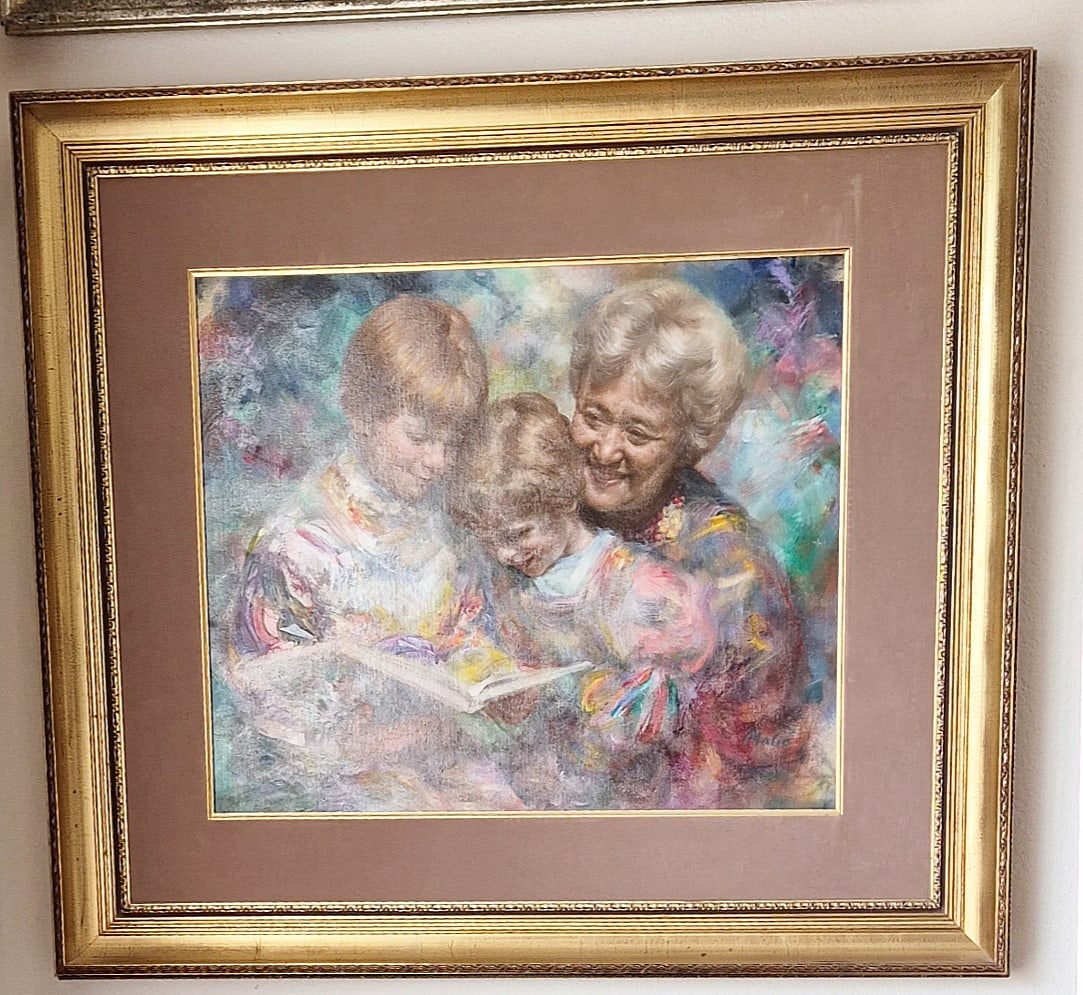 Maurizio Goracci "MAGO" Original oil painting "Grandmother and Children": Maurizio Goracci (born 1941 in Rome, Italy), best known by his monikers Mago or MaGo, is an Italian figurative painter. He has been active for decades, with his works appearing in public auctions (aro