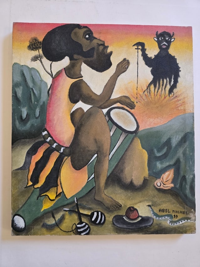 Haitian Vodou-Inspired Scene by Abel Michel: Haitian Vodou-Inspired Scene by Abel MichelAbel Michel (Haitian, b. 1936, Jacmel)Untitled (Drummer and Spirit Figure)Signed lower right: ABEL MICHELBold and expressive original painting capturing a po