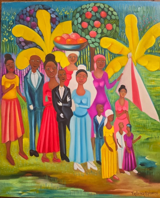 Haitian wedding Roger Francois (Haitian, 1928-2013): Fritzner Alphonse (Haitian, 1938-2006)Untitled (Gathering Under Palm Trees)Signed lower right: Fritzner AlphonseVibrant and joyful original painting depicting a group of elegantly dressed Haitian figu