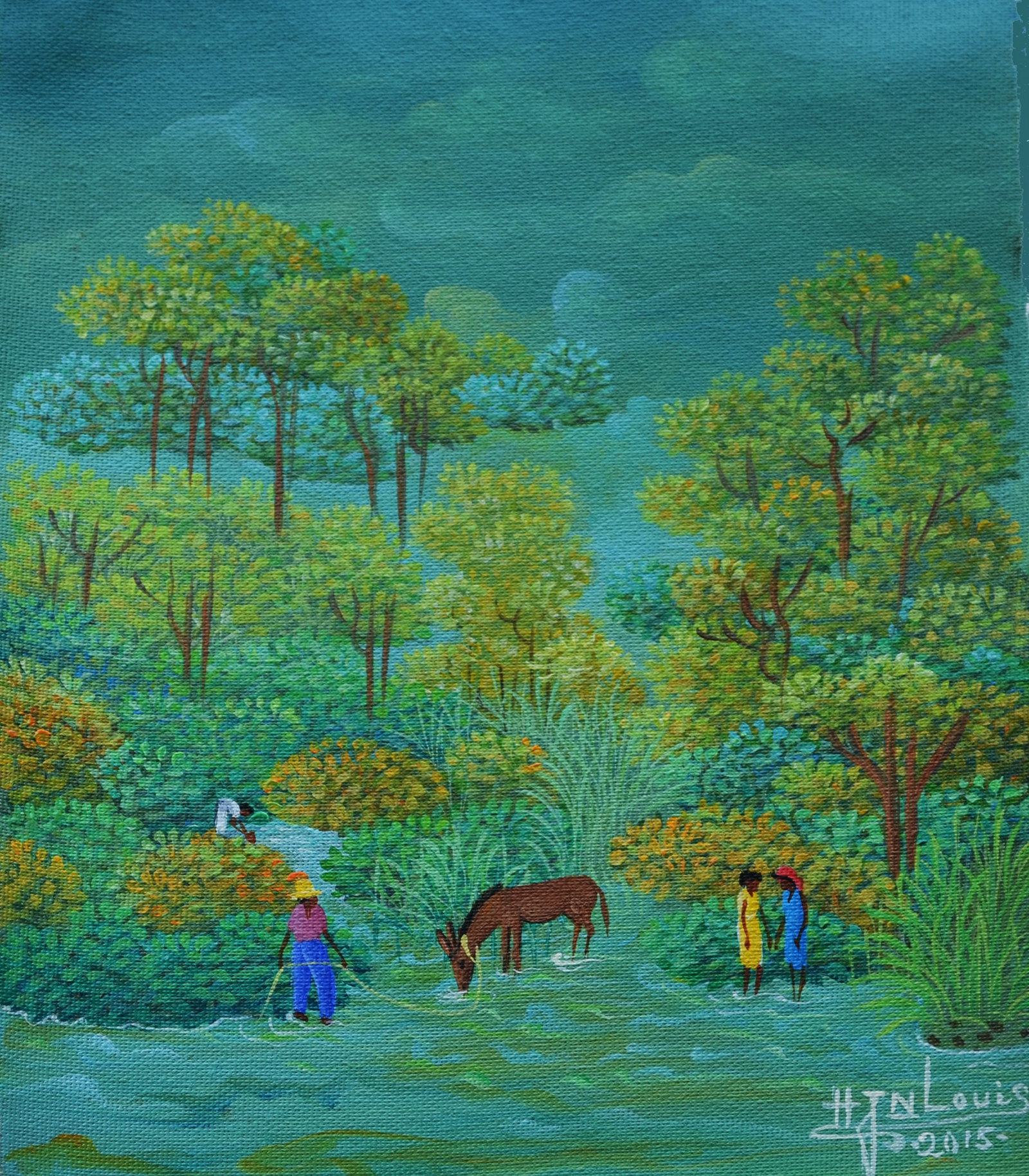 Horse Drinking in the Stream Original Haitian Painting by Henri Jean Louis (1 of 1)