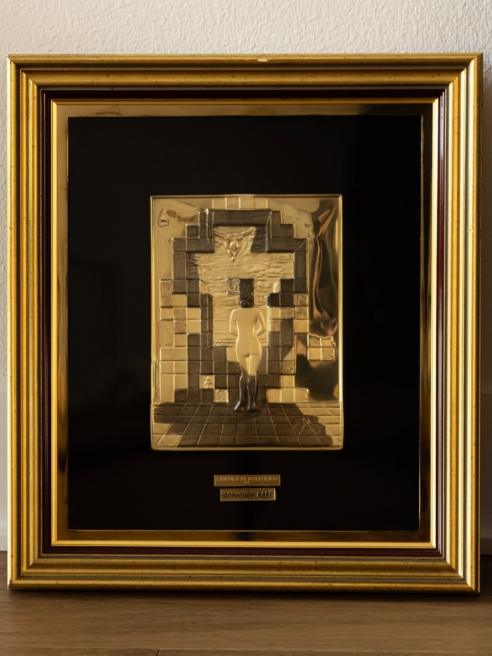 Lincoln in Dalivision (Gold Bas-Relief), circa 1975–1979 18k: This powerful and surreal etching from Salvador Dalí’s celebrated Mythology portfolio masterfully reinterprets the classical Greek myth of Leda and the Swan. The composition features a hybrid swan-