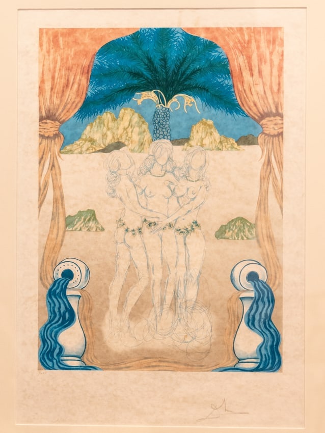 Salvador Dalí "The Three Graces of Hawaii" Color Lithograph, Signed, 1966: Elegant and sensual color lithograph on Japon Necre by Salvador Dalí interpreting the classical theme of The Three Graces — the mythological goddesses of beauty, charm, and joy. This composition de