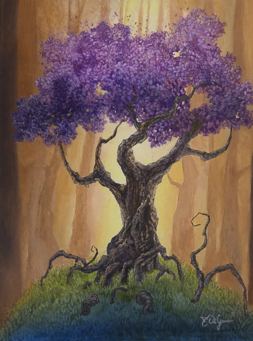 Tom DiGiacco Original Oil Painting "Purple Majesty" – Vibrant Tree Landscape 14x11: Original oil on canvas by listed artist Tom DiGiacco (American). This striking contemporary work features a majestic, gnarled tree in full bloom with vibrant shades of purple, lavender, and magenta bl