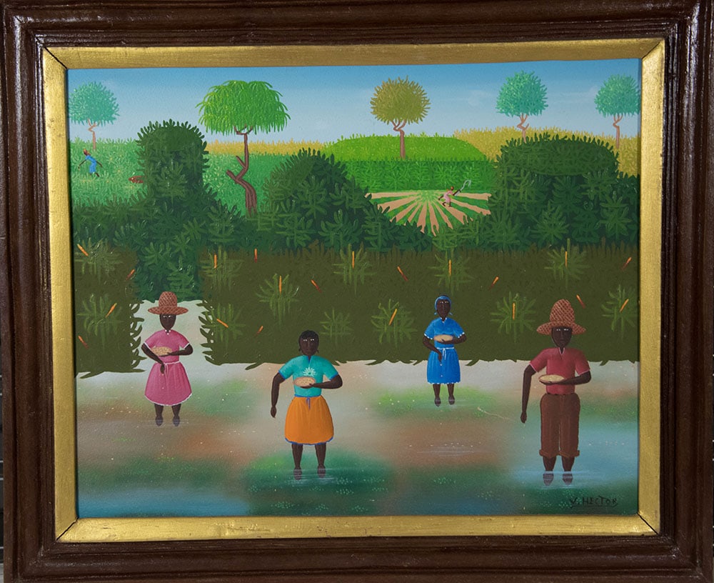 Voltaire Hector Original Haitian Painting-Standing in the River: Voltaire Hector Original Haitian Painting-Standing in the River Oil on Canvas FRAMED