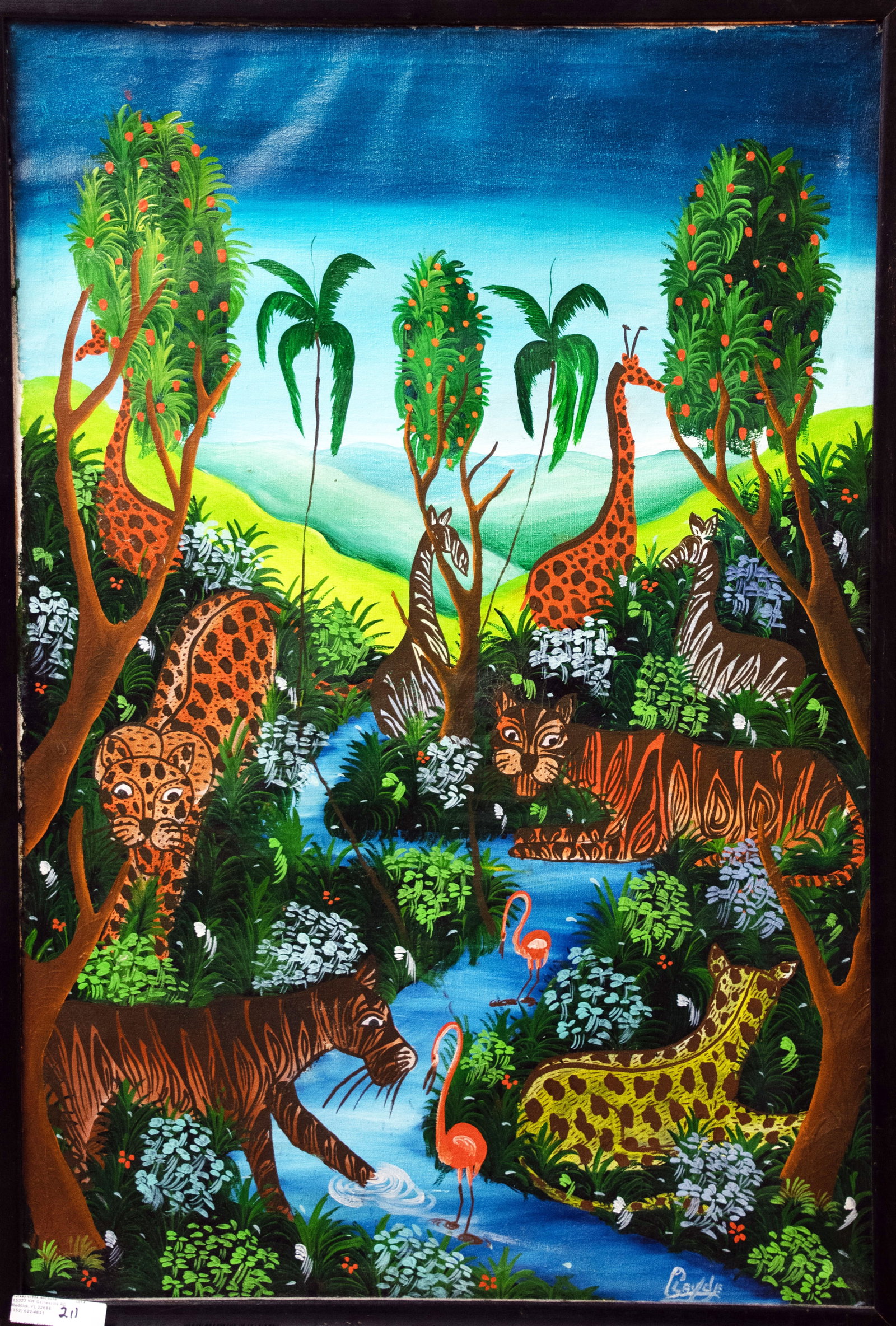 Jungle Animals Original Haitian Painting by Clayde: Jungle Animals Original Haitian Painting by Clayde Oil on Canvas