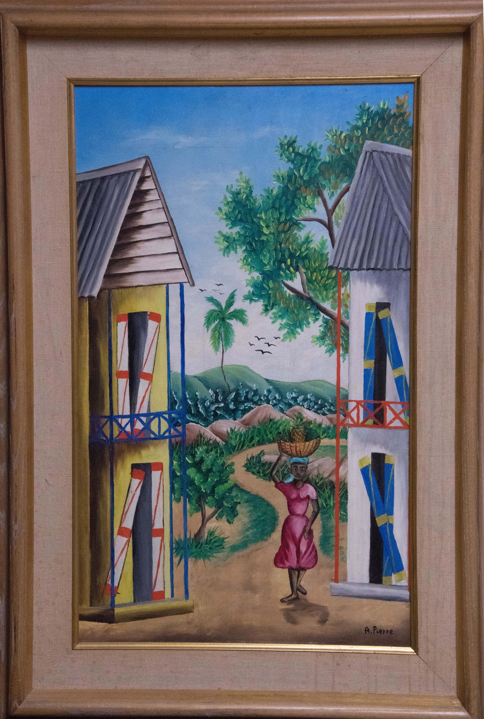 Original Haitian Painting by A. Pierre Woman with Basket: Original Haitian Painting by A. Pierre Woman with Basket Oil on Masonite
