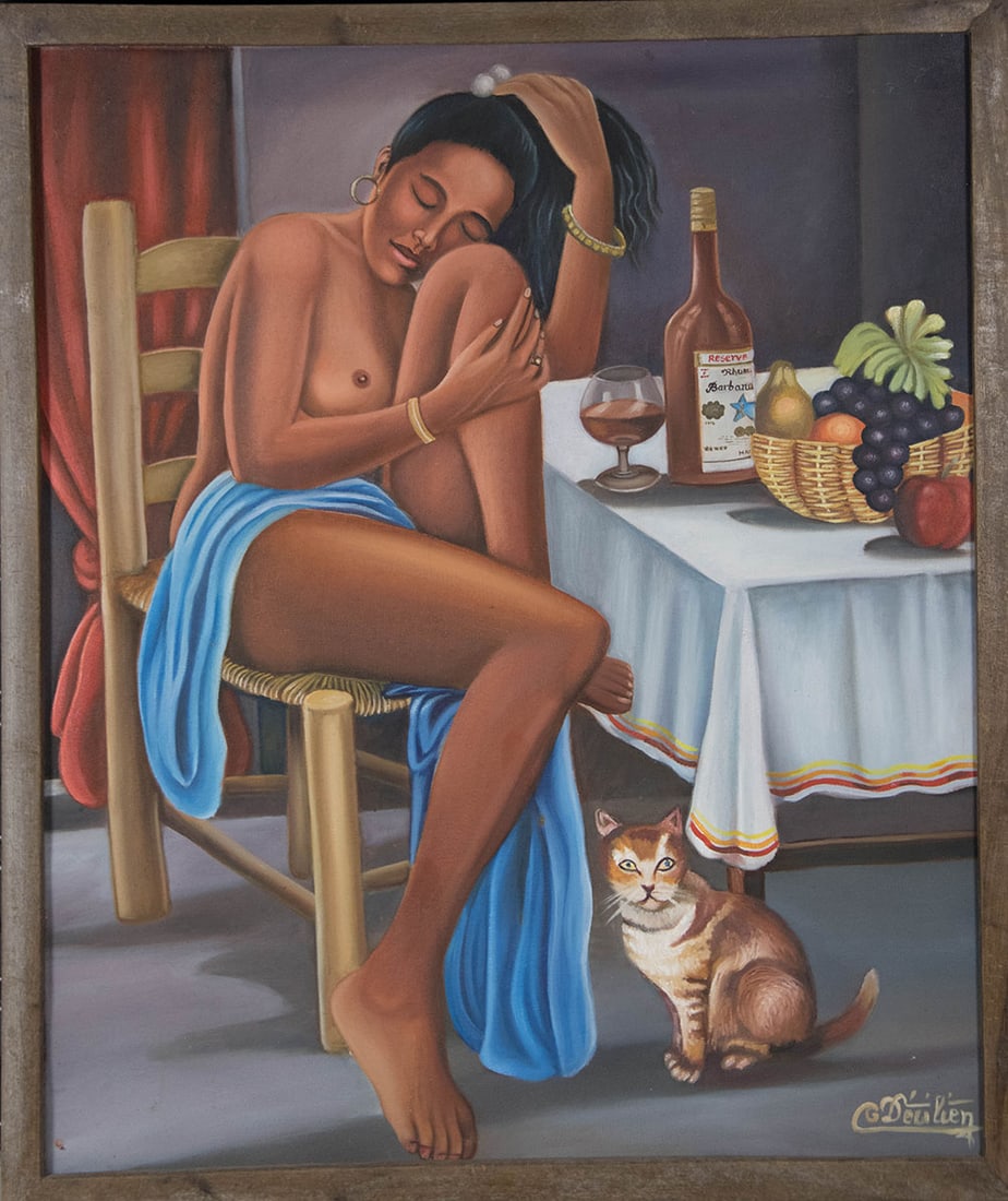 Woman at Table Original Haitian Painting by Gerald Decilien: Woman at Table Original Haitian Painting by Gerald Decilien Oil on Canvas FRAMED