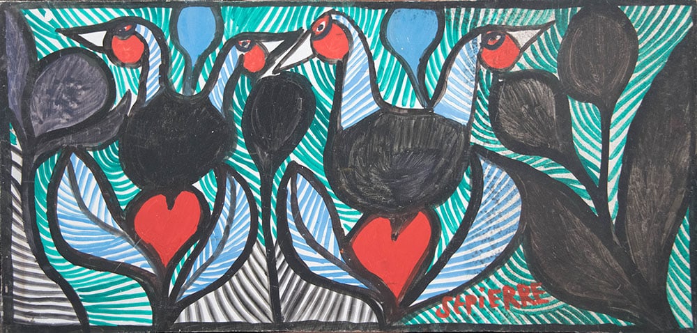 Original Haitian Painting by St.Pierre Toussaint Black Birds with a Green Background: Original Haitian Painting by St.Pierre Toussaint Black Birds with a Green Background Oil on Masonite