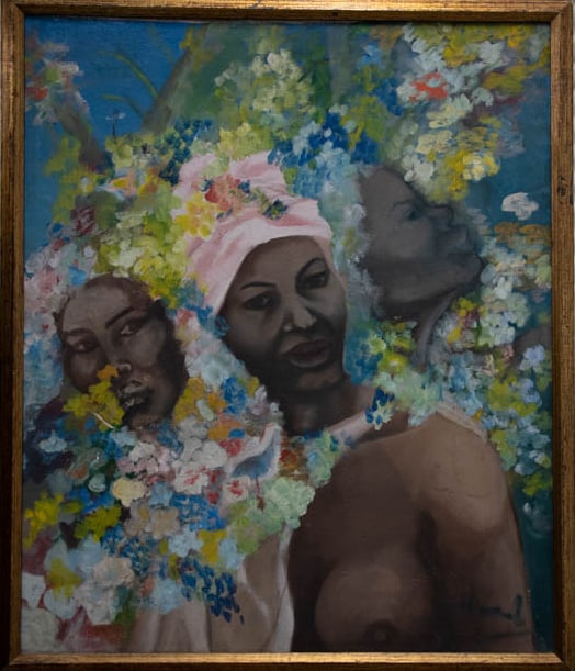 Original Haitian Painting by Unknown Artist Women and Flowers: Original Haitian Painting by Unknown Artist Women and Flowers Acrylic on Canvas FRAMED