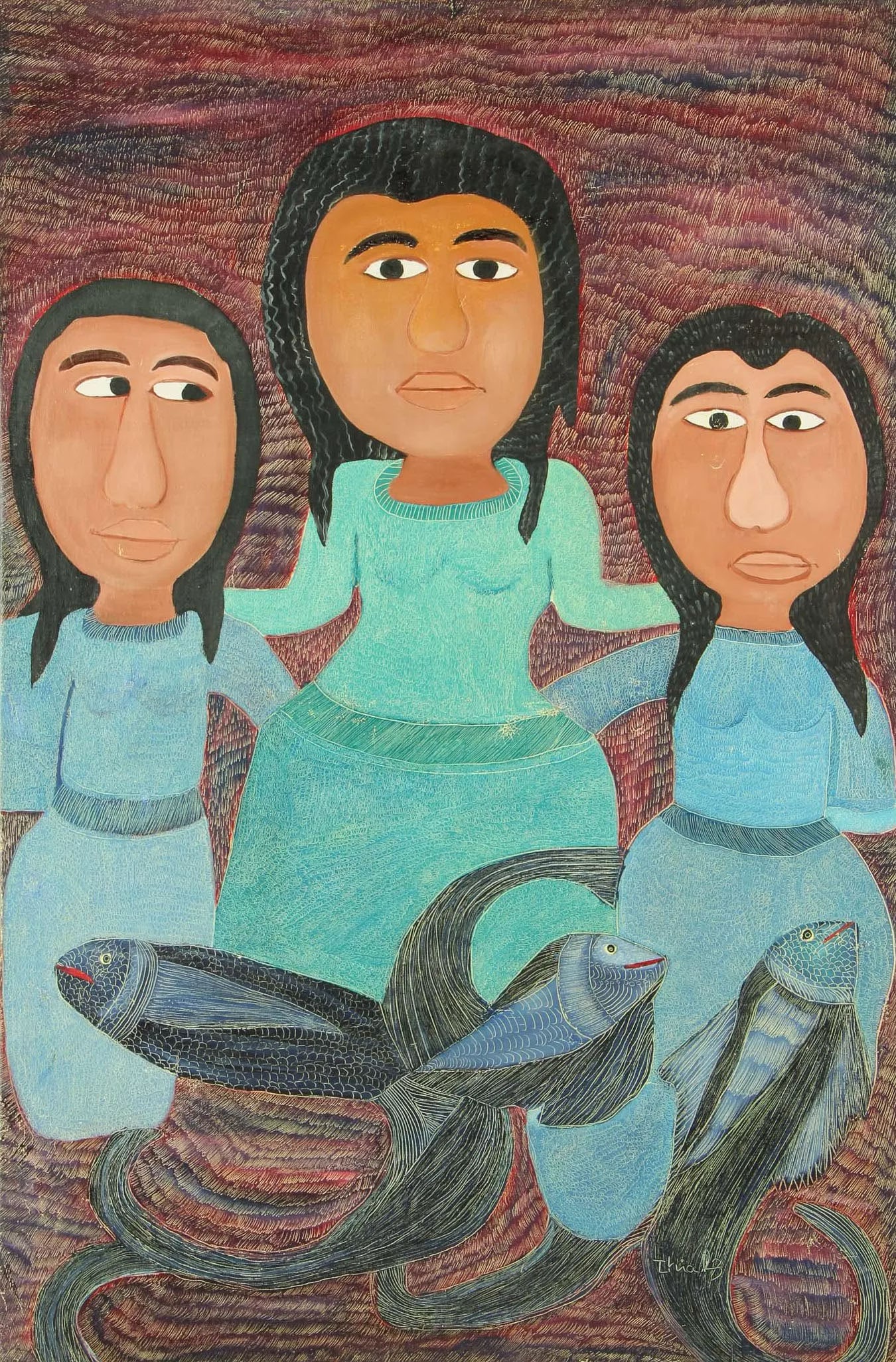 Mother and Two Girls Original Haitian Painting by Erimstral Charles Thialy: Mother and Two Girls Original Haitian Painting by Erimstral Charles Thialy Oil on Masonite