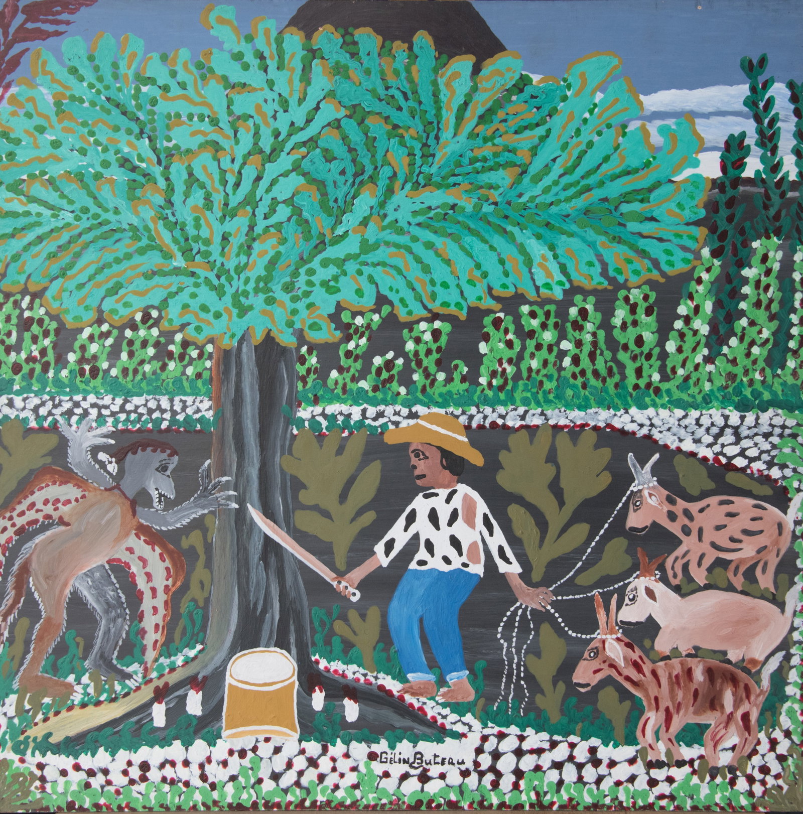 Farmer Protecting Goats Original Haitian Painting by Gelin Buteau: Farmer Protecting Goats Original Haitian Painting by Gelin Buteau Oil on Board No Frame