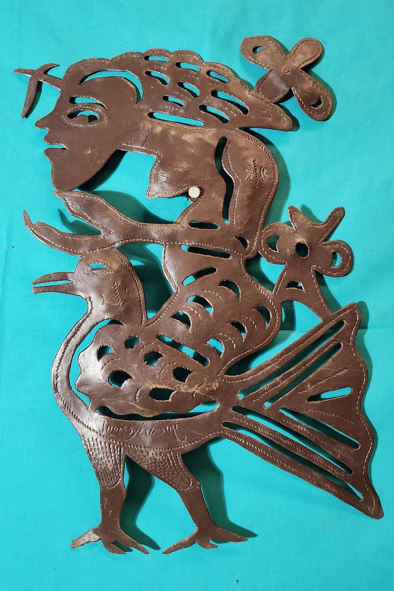 Woman Riding Chicken - Haitian Metal Sculpture by Jean Sylvestre: Woman Riding Chicken - Haitian Metal Sculpture by Jean Sylvestre Hand Carved Metal Sculpture