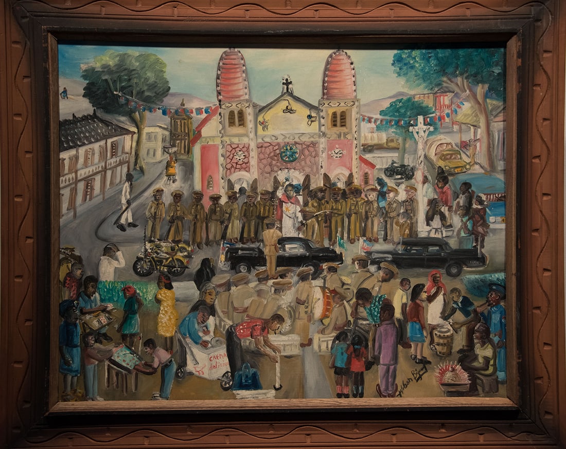Haitian Painting by Wilson Bigaud Cathedral of Our Lady of the Assumption: Wilson Bigaud Cathedral of Our Lady of the Assumption-Oil on Masonite FRAMED GMS FAVORITE