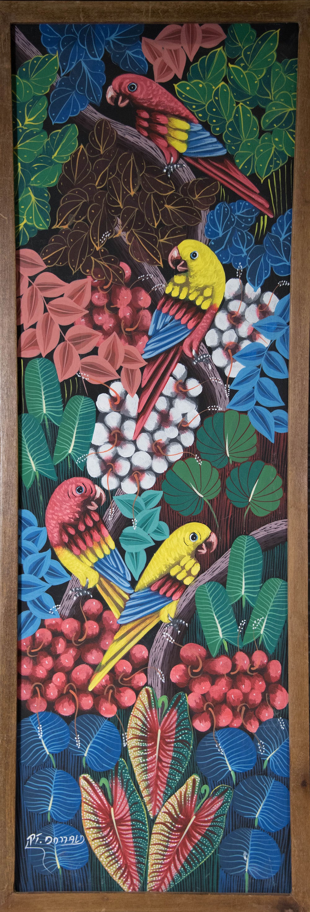 P.T. Donald Original Haitian Painting-Four Parrots on Branches: P.T. Donald Original Haitian Painting-Four Parrots on Branches Oil on Canvas FRAMED