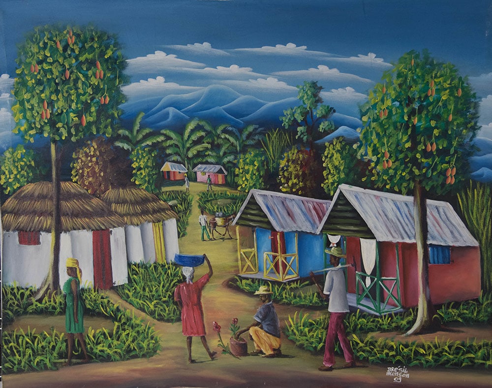 Visiting in the Village Original Haitian Painting by Akenson Bresil: Visiting in the Village Original Haitian Painting by Akenson Bresil Oil on Canvas No Frame Stretched