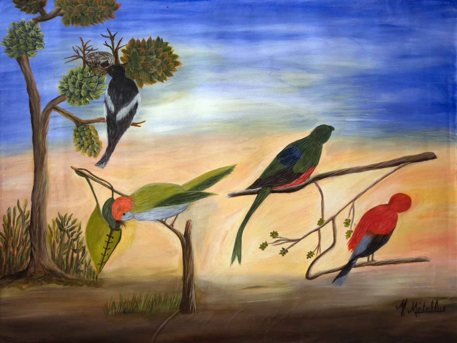 Original Haitian Painting by Madeleine Metellus Birds: Original Haitian Painting by Madeleine Metellus Birds Acrylic on Canvas