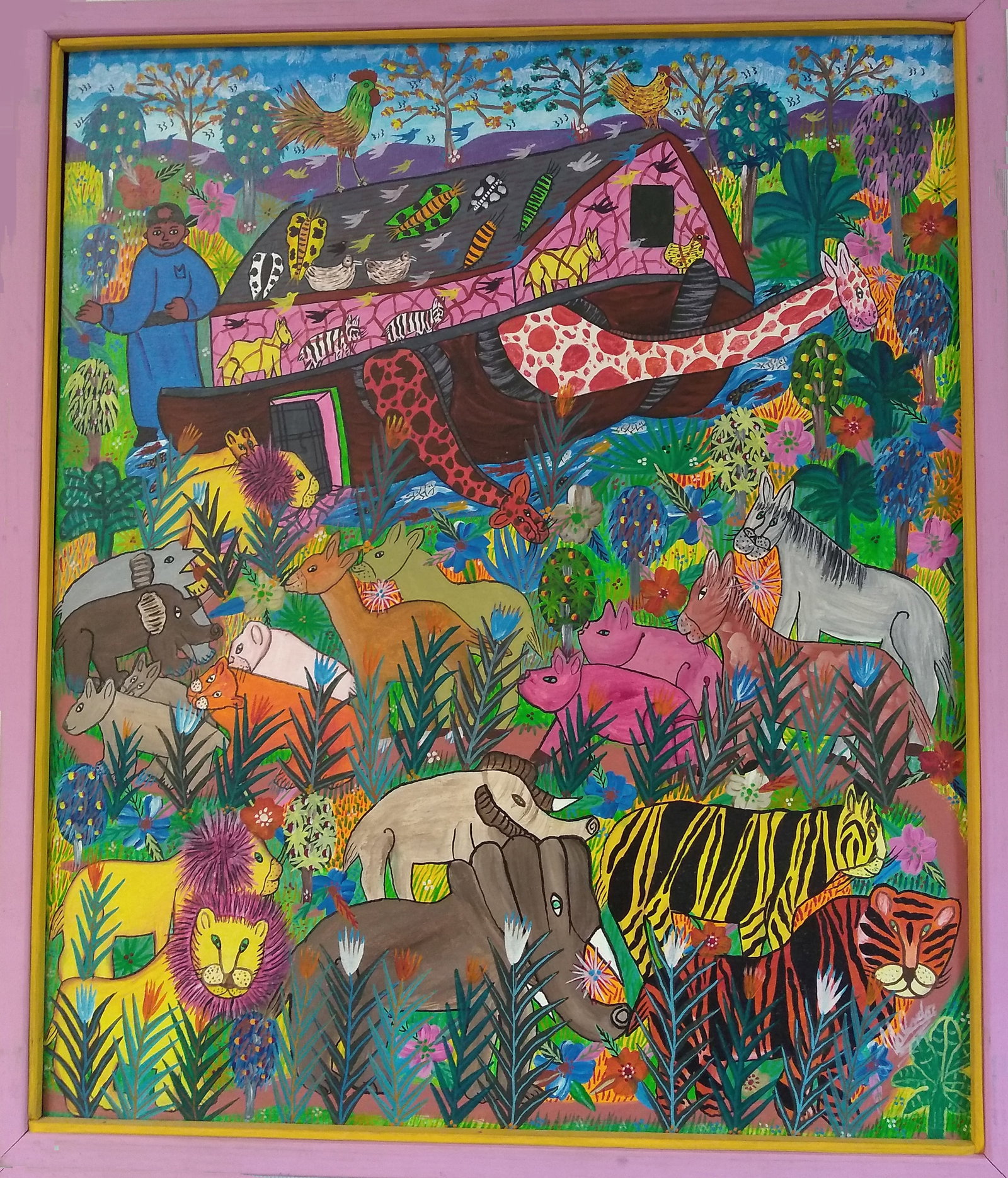 Noah's Ark Original Haitian Painting by Unknown Artist: Noah's Ark Original Haitian Painting by Unknown Artist Oil on Canvas FRAMED GMS FAVORITE