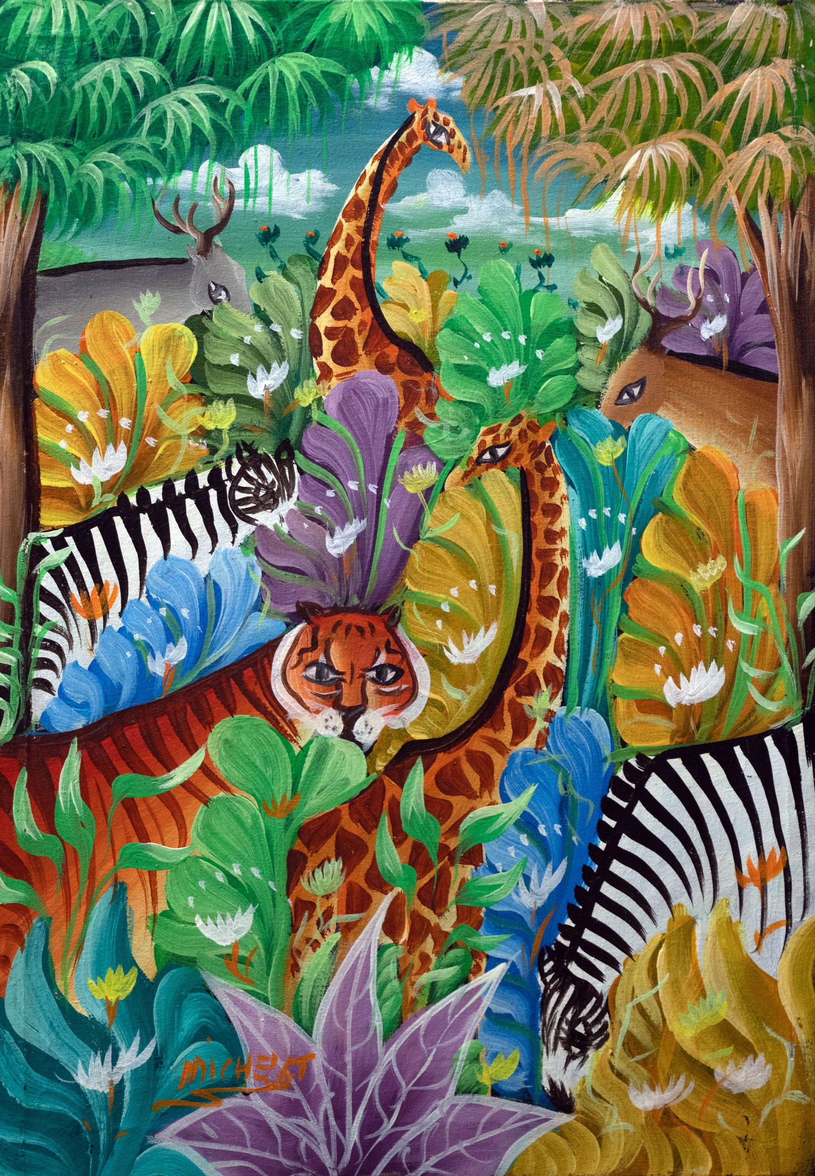 Jungle Animals Original Haitian Painting by Macenat Michelet: Jungle Animals Original Haitian Painting by Macenat Michelet Oil on Canvas