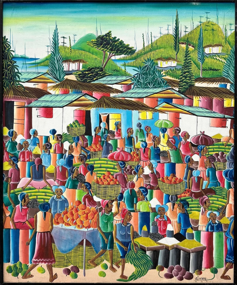 Colorful Vintage Haitian Village Original Haitian Painting by Etienne: Colorful Vintage Haitian Village Original Haitian Painting by Etienne oil on canvas Framed