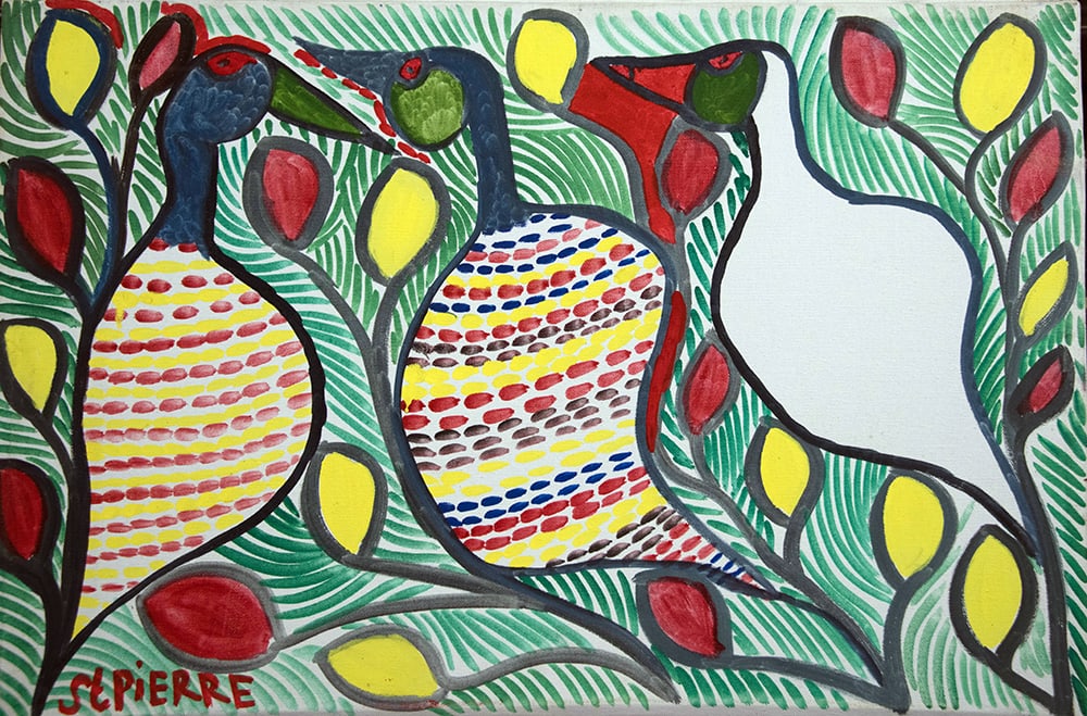 Three Birds on a Green Background Original Haitian Painting by St.Pierre Toussaint: Three Birds on a Green Background Original Haitian Painting by St.Pierre Toussaint Oil on Masonite Stretched not Framed