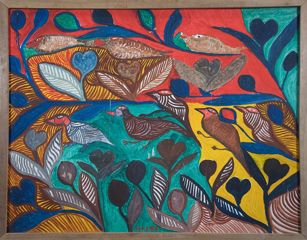 Original Haitian Painting by St.Pierre Toussaint Birds with Yellow, Green, and Red Background (1 of 1)