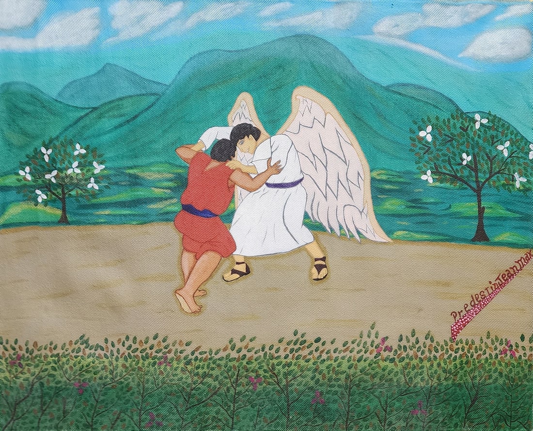 Original Haitian Painting by Jean Max Predestin Battle with the Angel: Original Haitian Painting by Jean Max Predestin Battle with the Angel Oil on Canvas