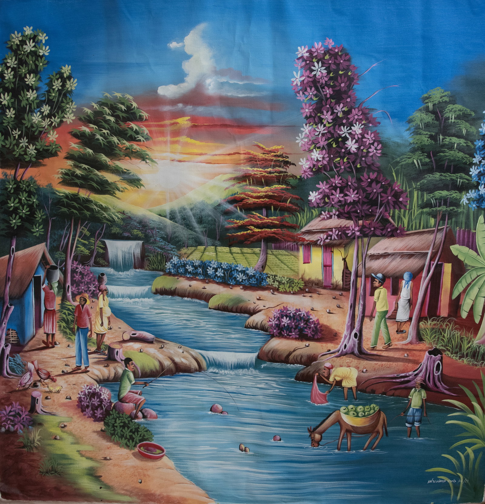 Orignial Haitian Painting by Wawens Varis River Waterfall Pink Trees: Orignial Haitian Painting by Wawens Varis River Waterfall Pink Trees Acrylic on Canvas No Frame Not Stretched