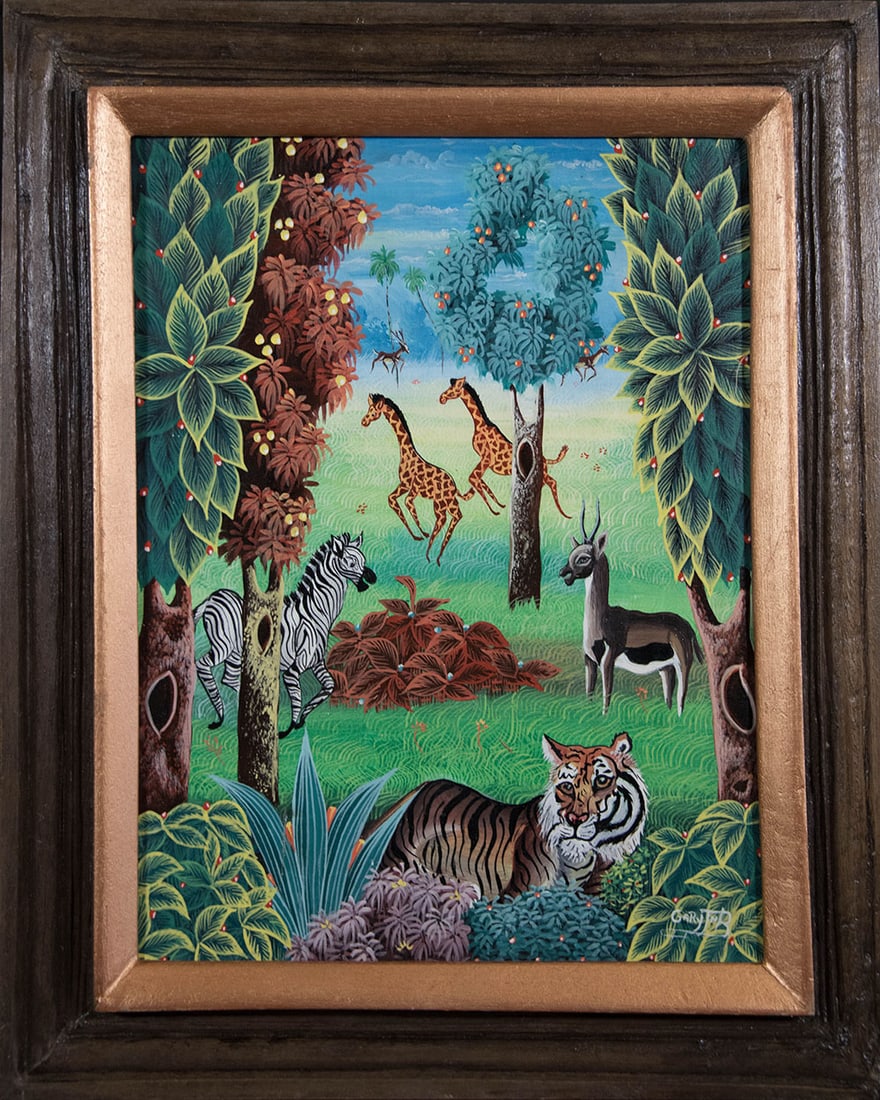 Animals in the Jungle Original Haitian Painting by Gary Jean Baptiste: Animals in the Jungle Original Haitian Painting by Gary JeanBaptiste Oil on Canvas