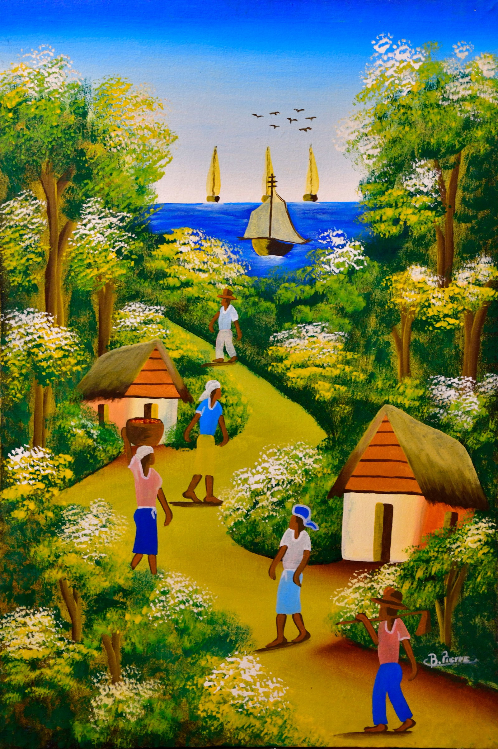 Vintage Haitian Village Scene Original Haitian Painting by B. Pierre (1 of 1)
