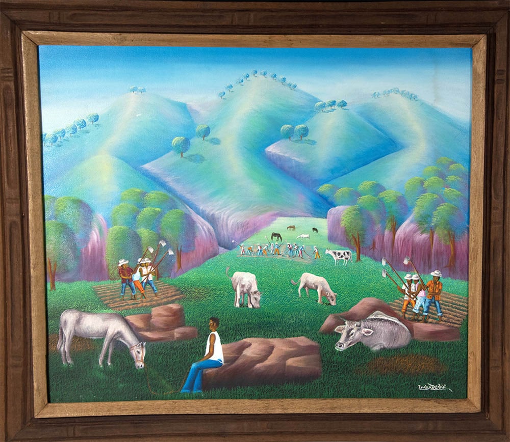 People and Animals Gathered Together Original Haitian Painting by Derice: People and Animals Gathered Together Original Haitian Painting by Derice Oil on Canvas