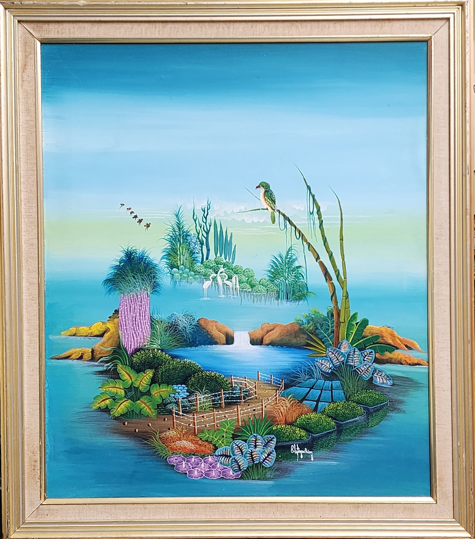 Island Landscape Original Haitian Painting by Claude Joachim: Island Landscape Original Haitian Painting by Claude Joachim Oil on Canvas Framed