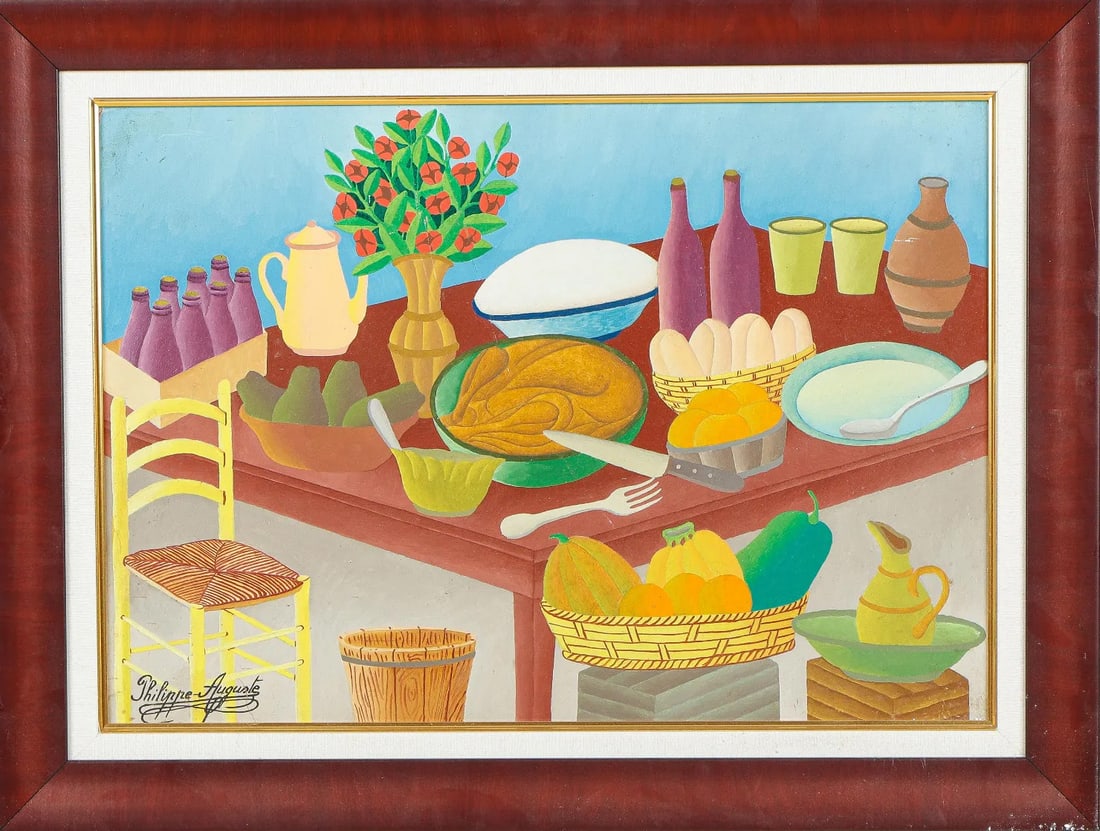 Original Haitian Painting by Salnave Philippe-Auguste: Original Haitian Painting by Salnave Philippe-Auguste Abundant Table Still Life Oil on Board Framed